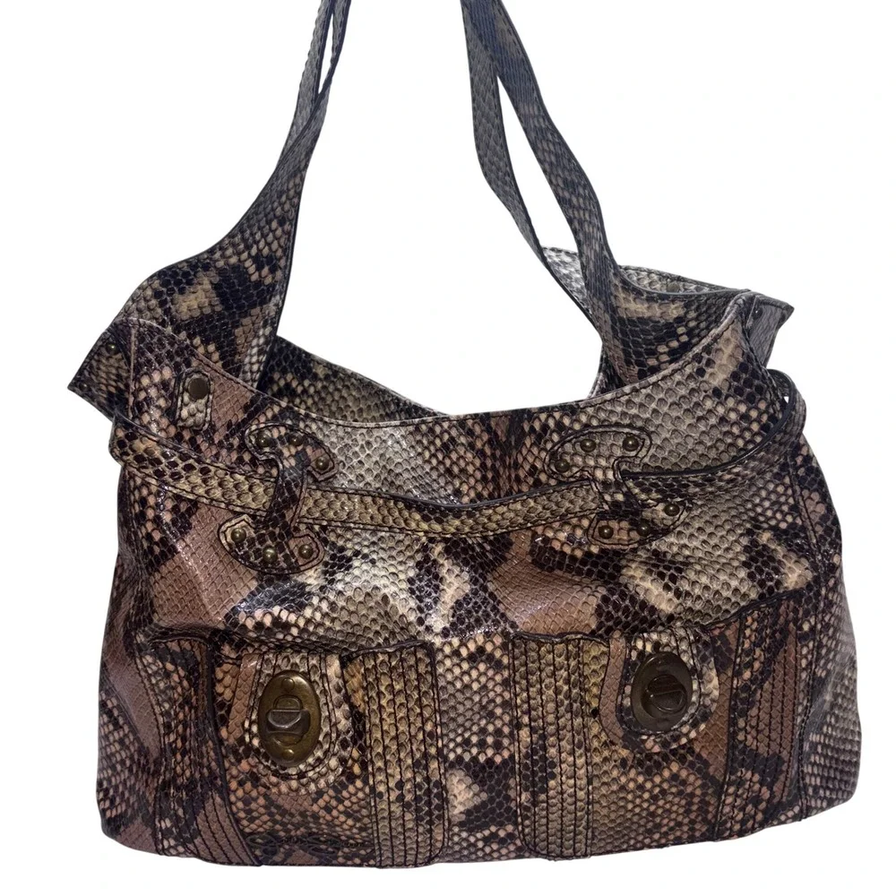 Y2K Hobo Bag Womens Large Brown Snakeskin Print Studded Jessica Simpson